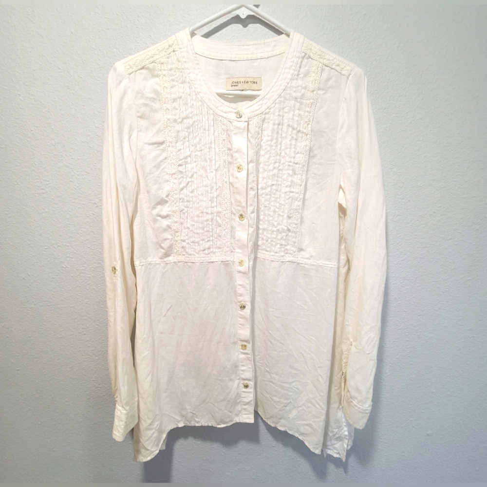 Women's 100% Linen Blouse Jones New York Pintucked Lagenlook‎ Ivory Size Medium